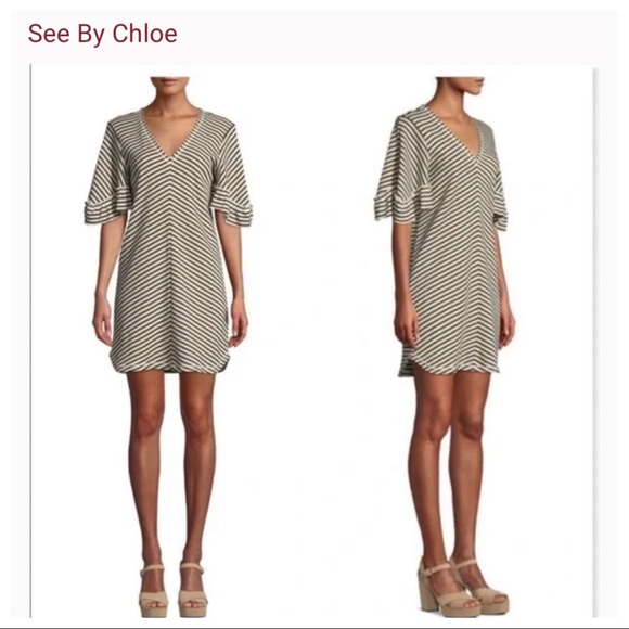 SEE BY CHLOE Striped Flutter-Sleeve V-Neck Short Dress - Picture 2 of 10